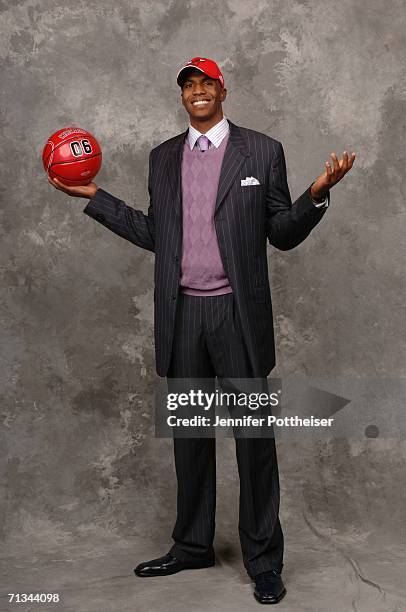 Tyrus Thomas of the Chicago Bulls poses for a portrait during the 2006 NBA Draft on June 28, 2006 in The Theater at Madison Square Garden in New...