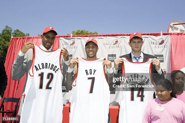 The Portland Trail Blazers introduce their new 2006 NBA draft selections LaMarcus Aldridge, Brandon Roy, and Joel Freeland during a ceremony at...