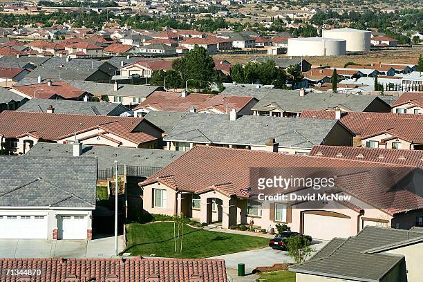 Housing tracts spread out near the San Andreas Fault as suburban sprawl continues on June 29, 2006 near Palmdale, California. Scientists are warning...