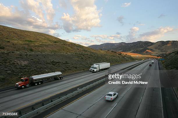 Trucks cross the San Andreas Fault at Tejon Pass on the main corridor between Los Angeles and northern California, Interstate 5, on June 30, 2006...
