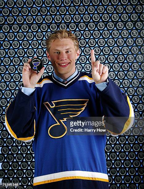 Erik Johnson of the St. Louis Blues poses for a portrait backstage at the 2006 NHL Draft held at General Motors Place on June 24, 2006 in Vancouver,...