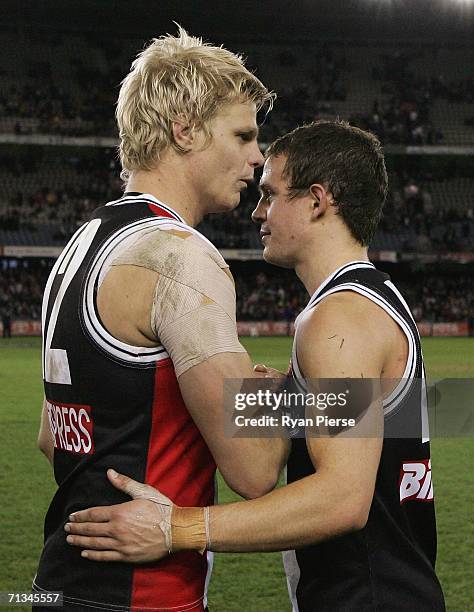 Nick Riewoldt and Luke Ball of the Saints celebrate after the round thirteen AFL match between the St Kilda Saints and the Hawthorn Hawks at the...