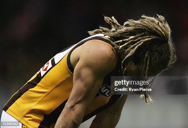 Chance Bateman of the Hawks looks dejected after the round thirteen AFL match between the St Kilda Saints and the Hawthorn Hawks at the Telstra Dome...