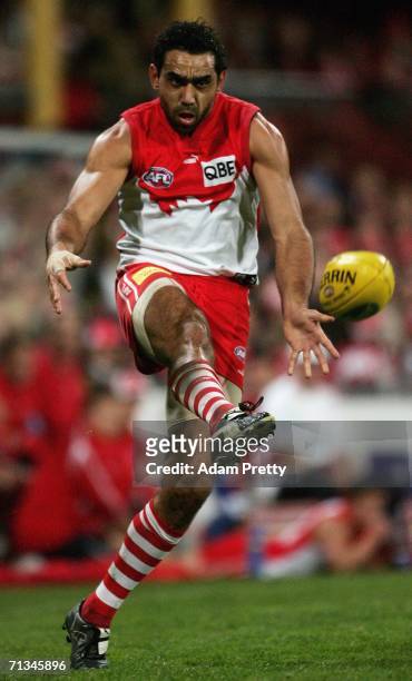 Adam Goodes of the Swans kicks during the AFL Round thirteen match between the Sydney Swans and the Fremantle Dockers at the Sydney Cricket Ground...