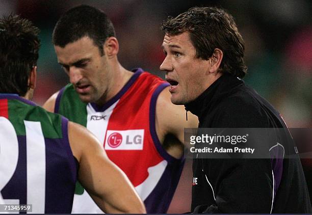 Mark Harvey, Assistant Coach, of the Dockers speaks during the round 13 AFL match between the Sydney Swans and the Fremantle Dockers at the Sydney...
