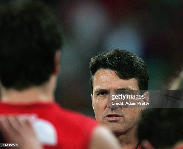 Paul Roos of the Swans speaks during the round 13 AFL match between the Sydney Swans and the Fremantle Dockers at the Sydney Cricket Ground July 1,...