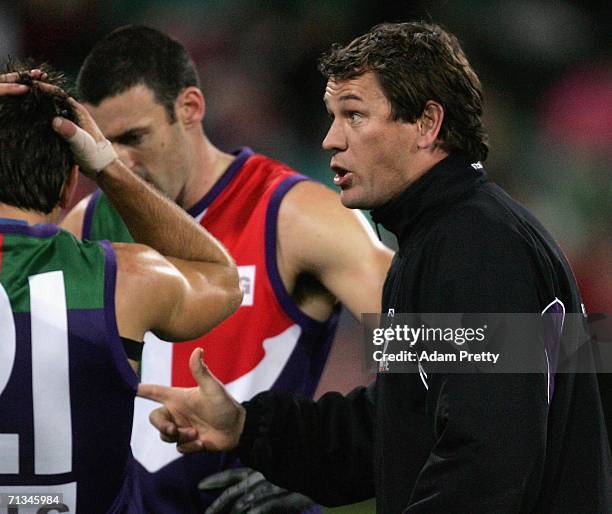 Mark Harvey, Assistant Coach, of the Dockers speaks during the round 13 AFL match between the Sydney Swans and the Fremantle Dockers at the Sydney...