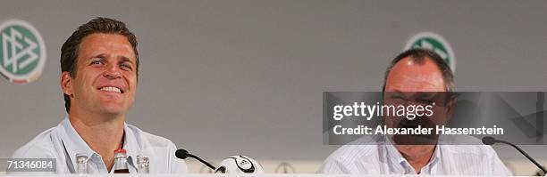 Oliver Bierhoff , managing director of the German National Team, and Harald Stenger, Media Director of the German Soccer Federation, smile during the...