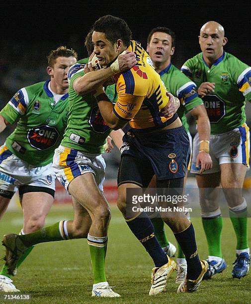 Jarryd Hayne of the Eels in action during the round 17 NRL match between the Canberra Raiders and the Parramatta Eels played at Canberra Stadium on...