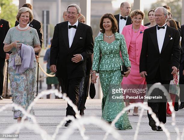 Queen Anne Marie of Greece King Constantin of Greece, Queen Silvia of Sweden and King Carl Gustav of Sweden arrive at the Grand Theater to attend a...