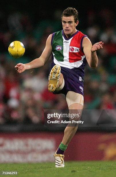 Marcus Drum of the Dockers kicks during the round 13 AFL match between the Sydney Swans and the Fremantle Dockers at the Sydney Cricket Ground July...