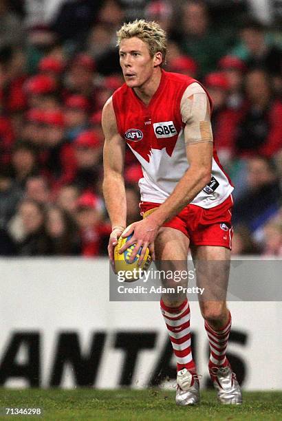 Luke Vogels of the Swans kicks during the round 13 AFL match between the Sydney Swans and the Fremantle Dockers at the Sydney Cricket Ground July 1,...