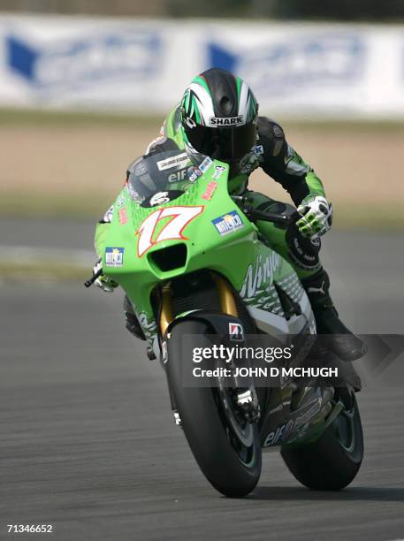 Kawasaki Racing Team rider Randy de Puniet of France powers through a straight during Free Practice before the Moto Grand Prix at Donington Park,...