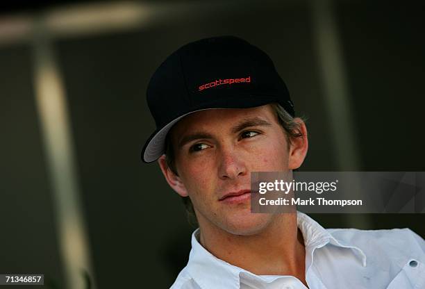 Scott Speed of the USA and Scuderia Toro Rosso sits in the paddock before qualifying for the Formula One United States Grand Prix at Indianapolis...