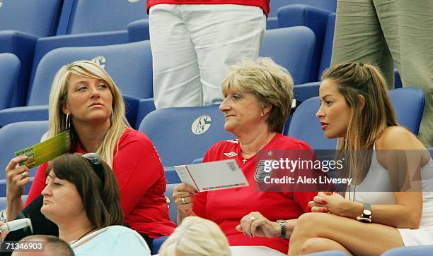 David Beckham's mother Sandra and sister Joanne and the girlfriend of Frank Lamparad Elen Rives wait for the action to start prior to the FIFA World...