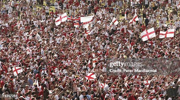 England football supporters gather at the Fan Fest on July 1, 2006 in Gelsenkirchen, Germany.