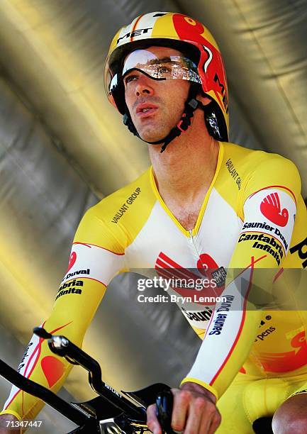 David Millar of Great Britain and Saunier Duval prepares to start the Tour de France Prologue time trial on July 1, 2006 in Strasbourg, France.