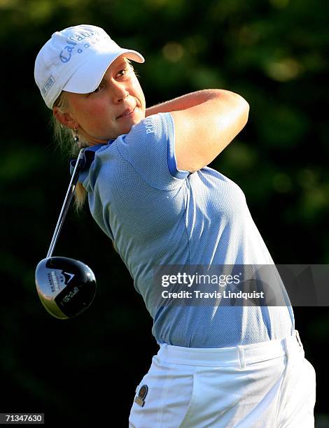 Morgan Pressel watches her tee shot on the 11th hole during the second round of the 2006 Women's U.S. Open on July 1, 2006 at Newport Country Club in...