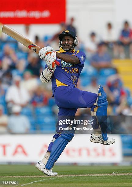 Sanath Jayasuriya of Sri Lanka hits out during the fifth NatWest One Day International match between England and Sri Lanka at Headingley on July 1,...