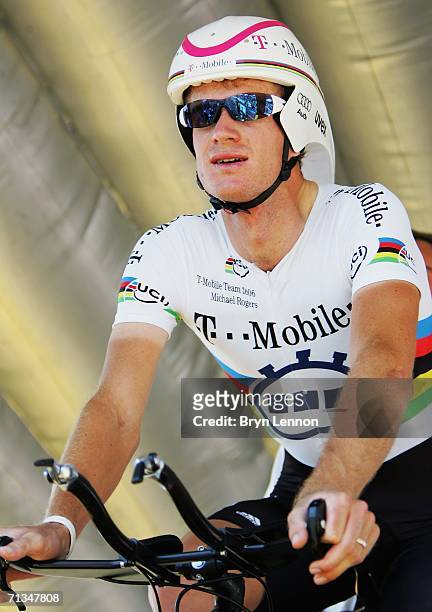 World Time Trial Champion Michael Rogers of Australia, riding for T-Mobile, prepares to start the Tour de France Prologue time trial on July 1, 2006...