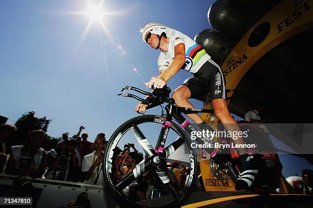 World Time Trial Champion Michael Rogers of Australia, riding for T-Mobile, rides down the start ramp to begin his Tour de France Prologue time trial...