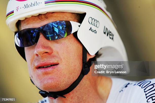 World Time Trial Champion Michael Rogers of Australia, riding for T-Mobile, prepares to start the Tour de France Prologue time trial on July 1, 2006...