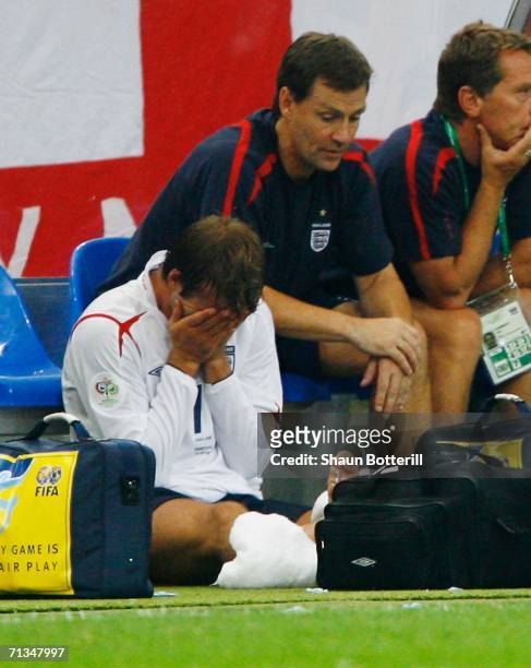 David Beckham of England is distraught after being substituted during the FIFA World Cup Germany 2006 Quarter-final match between England and...