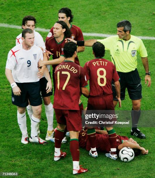 Wayne Rooney of England is sent off by Referee Horacio Elizondo of Argentina during the FIFA World Cup Germany 2006 Quarter-final match between...