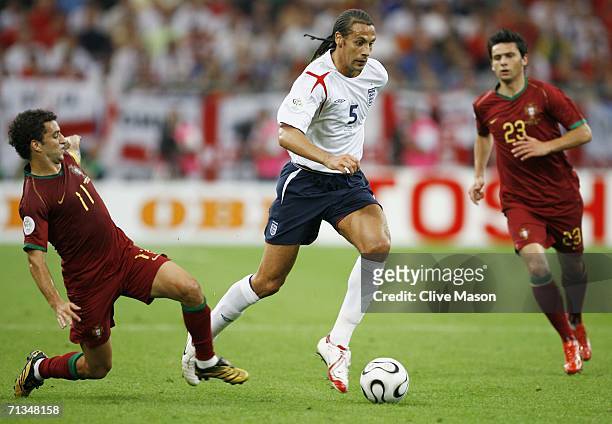 Rio Ferdinand of England is challenged by Simao Sabrosa of Portugal during the FIFA World Cup Germany 2006 Quarter-final match between England and...