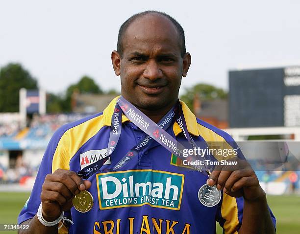 Sanath Jayasuriya of Sri Lanka with his Man of the Match and Man of the Series medals during the 5th NatWest One Day International match between...