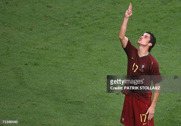 Gelsenkirchen, GERMANY: Portuguese forward Cristiano Ronaldo celebrates after scoring a penalty kick during the penalty kicks of the World Cup 2006...
