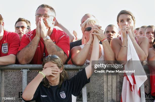 English football fans watch as England lose to Portugal on penalties in the quarter finals of the FIFA World Cup 2006 on July 1, 2006 in...