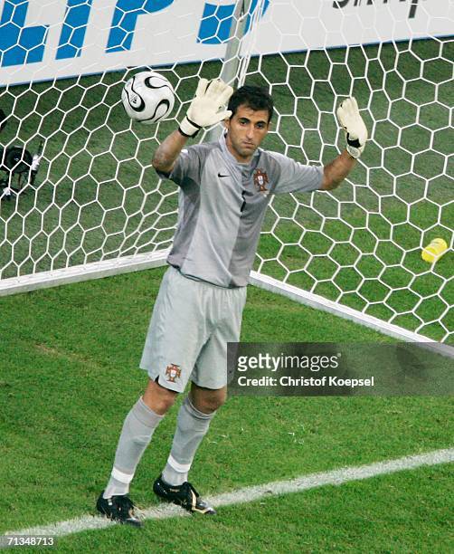 Ricardo of Portugal gestures as Jamie Carragher of England scores a penalty which he then has to retake in a penalty shootout during the FIFA World...