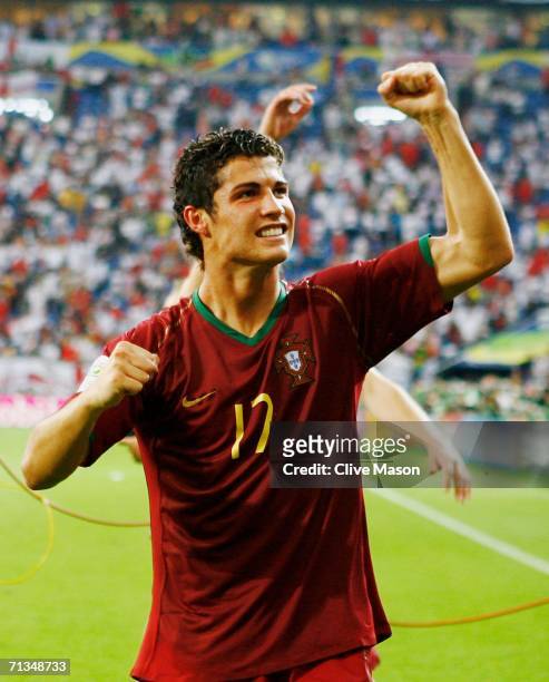Cristiano Ronaldo of Portugal celebrates after scoring the winning penalty in a penalty shootout at the end of the FIFA World Cup Germany 2006...
