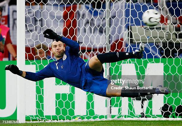 Paul Robinson of England fails to stop a penalty by Cristiano Ronaldo of Portugal in a shootout during the FIFA World Cup Germany 2006 Quarter-final...