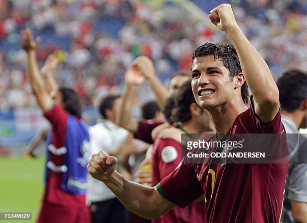 Gelsenkirchen, GERMANY: Portuguese forward Cristiano Ronaldo celebrates at the end of the World Cup 2006 quarter final football game England vs....