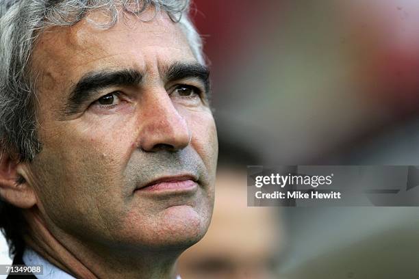 Raymond Domenech the coach of France watches play during the FIFA World Cup Germany 2006 Quarter-final match between Brazil and France at the Stadium...