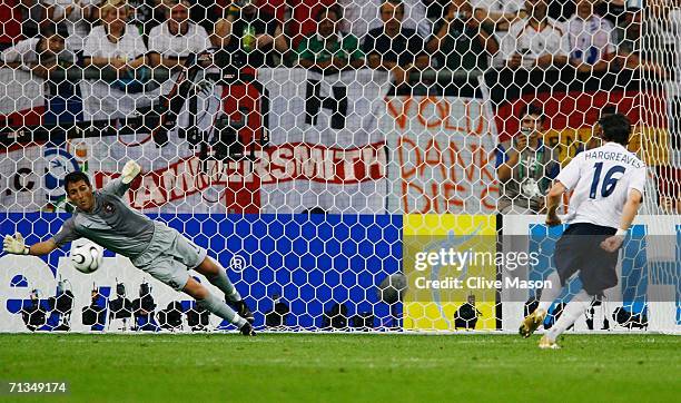 Owen Hargreaves of England scores a penalty in a penalty shootout during the FIFA World Cup Germany 2006 Quarter-final match between England and...