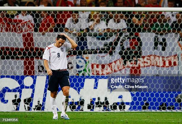 Frank Lampard of England reacts to his missed penalty in a penalty shootout during the FIFA World Cup Germany 2006 Quarter-final match between...