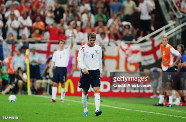 David Beckham of England is substituted during the FIFA World Cup Germany 2006 Quarter-final match between England and Portugal played at the Stadium...