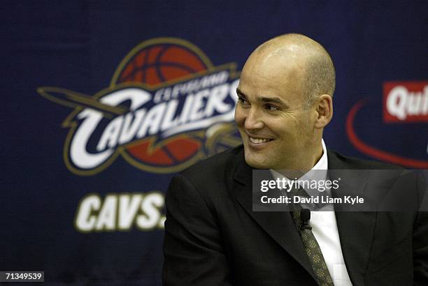 Danny Ferry, General Manager of the Cleveland Cavaliers, publicly welcomes new players Shannon Brown and Daniel Gibson during a press conference on...