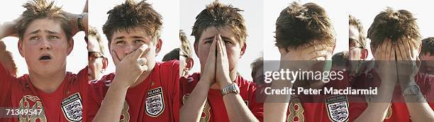 In this combination image, an England football fan reacts to his team's FIFA World Cup quarter final match with Portugal at the Fan Fest on July 1,...