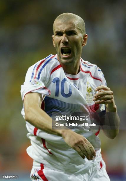 Zinedine Zidane of France celebrates his team's 1-0 victory, as the final whistle blows during the FIFA World Cup Germany 2006 Quarter-final match...