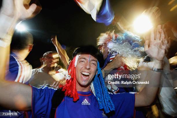 French football fans celebrate on July 1, 2006 in Frankfurt, Germany. France won their FIFA World Cup 2006 match against Brazil 1-0 in Frankfurt.