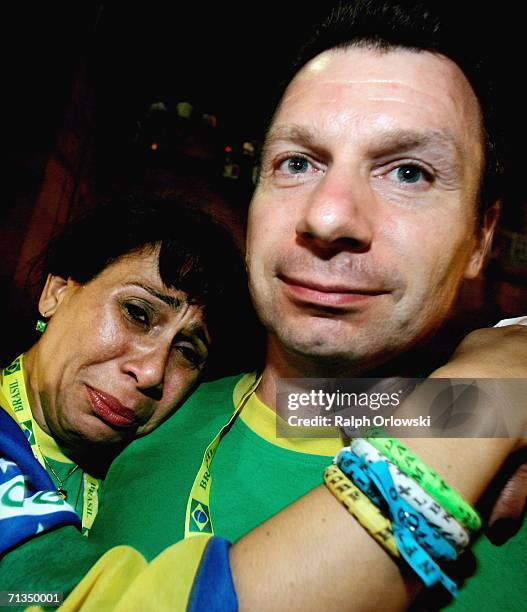 Brazilian football fans look dejected on July 1, 2006 in Frankfurt, Germany. France won their FIFA World Cup 2006 match against Brazil 1-0 in...