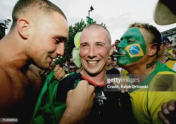 Brazilian and French supporters enjoy the atmosphere on July 1, 2006 in Frankfurt, Germany. France won their FIFA World Cup 2006 Quarter final match...