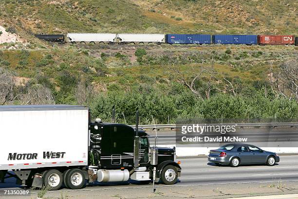 Trucks, cars, and freight trains travel through Cajon Canyon near the San Andreas Fault on July 1, 2006 near San Bernardino, California. The...