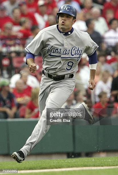 David DeJesus of the Kansas City Royals heads for home to score a run in the first inning against the St. Louis Cardinals on July 1, 2006 at Busch...