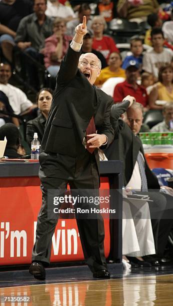 Head coach Mike Thibault of the Connecticut Sun yells to his team during the WNBA game against the Indiana Fever on July 1, 2006 at Conseco...