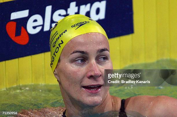 Sophie Edington competes in the Final of the Women's100m Backstroke during day three of the 2006 Telstra Grand Prix Series 2 at the Chandler Aquatic...